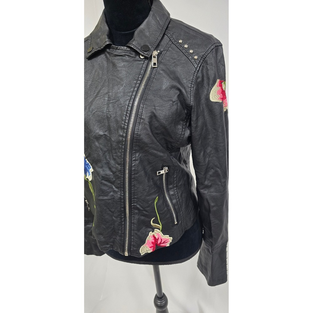 Ci Sono women L black faux leather moto jacket floral embroidery grunge gothic - Picture 4 of 15
